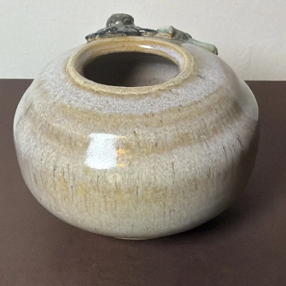 Handmade Studio Art Pottery Squat Vase Sculpted Applied Flowers Wabi Sabi Vessel